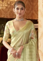 Pastel Olive Kanjivaram Saree with Stone Work