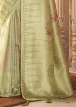 Pastel Olive Kanjivaram Saree with Stone Work