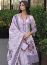 Pastel Purple Printed Cotton Suit with Embroidery Work