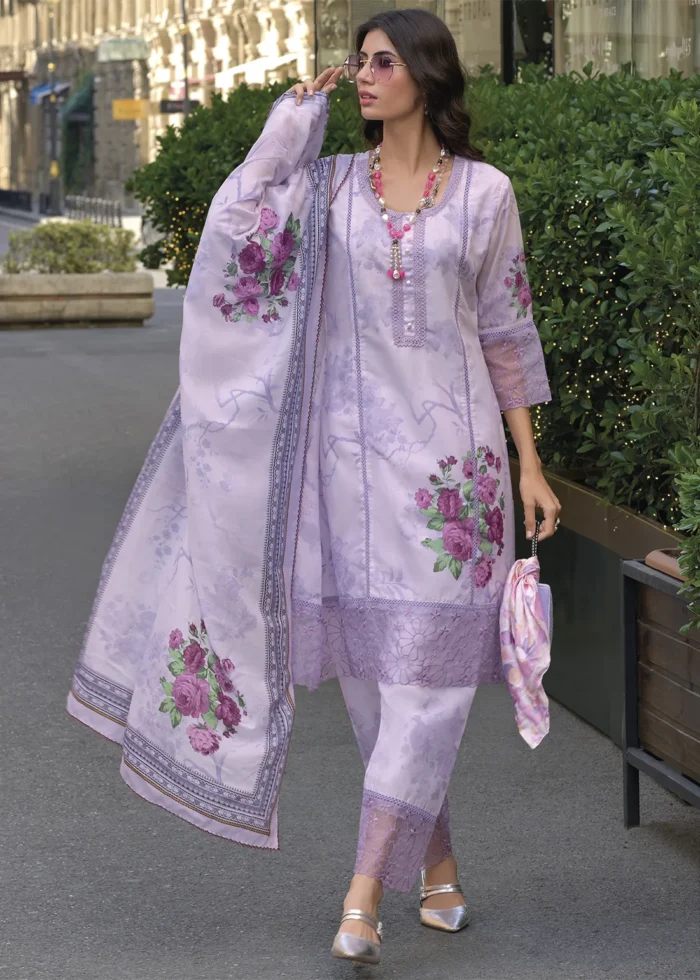 Pastel Purple Printed Cotton Suit with Embroidery Work