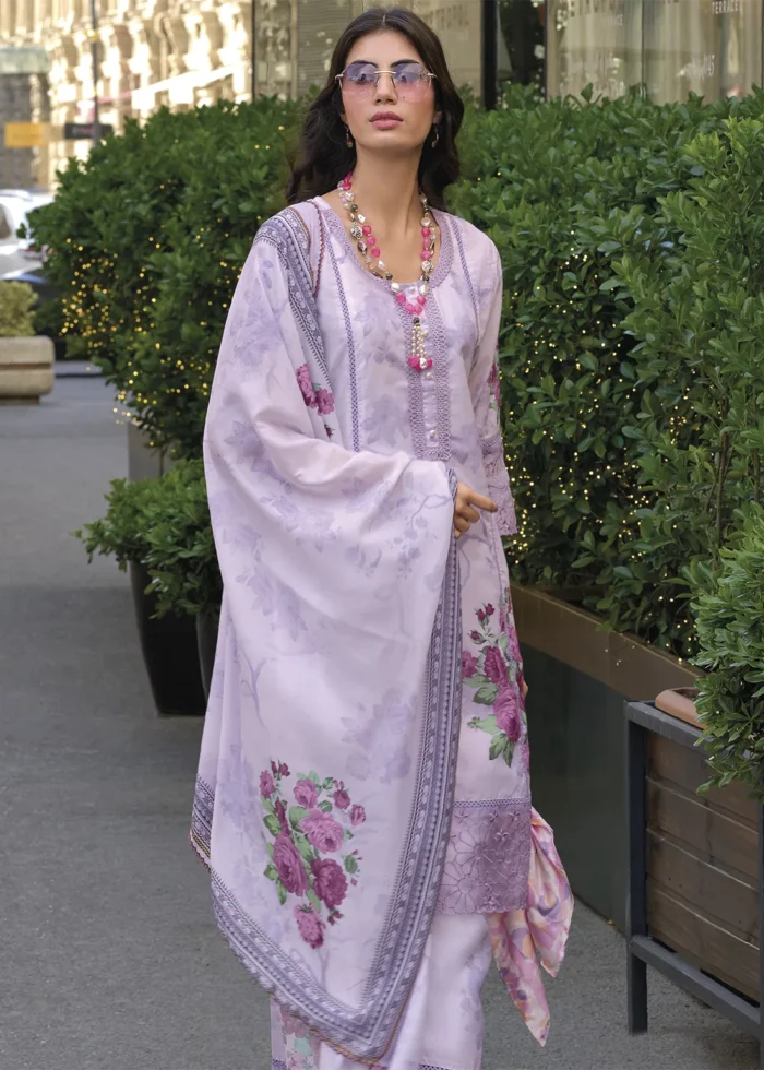 Pastel Purple Printed Cotton Suit with Embroidery Work