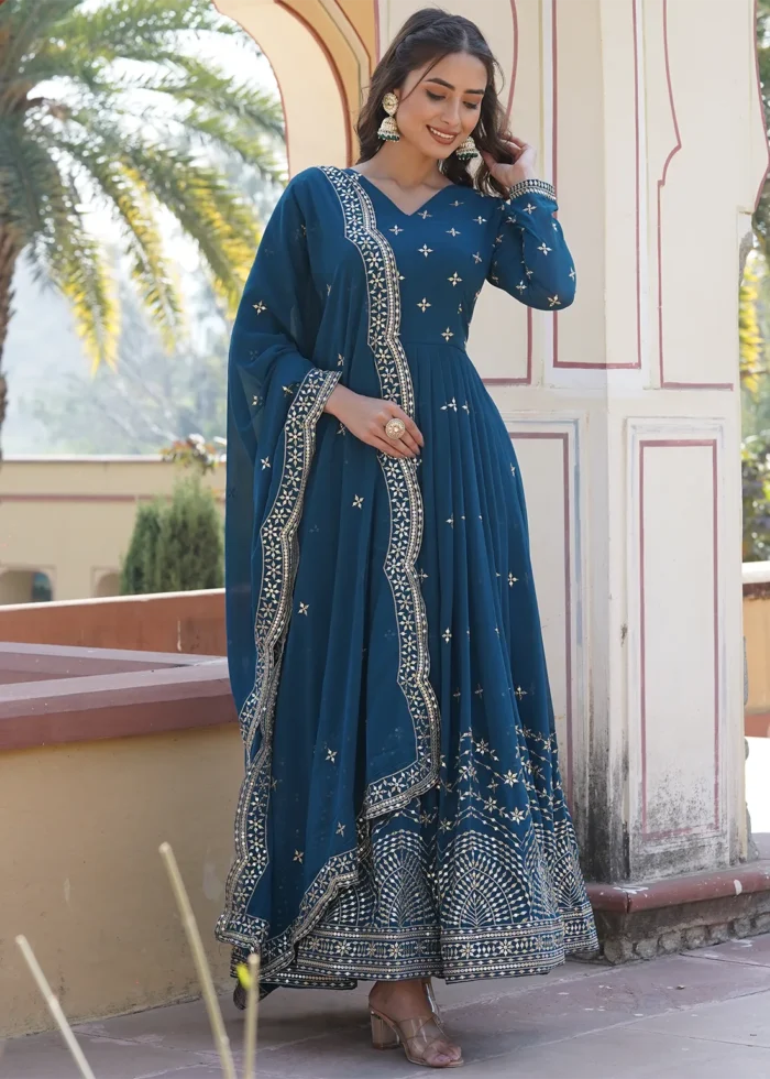 Peacock Blue Georgette Anarkali Gown