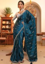 Peacock Blue Satin Silk Saree with Zari Work