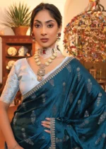 Peacock Blue Satin Silk Saree with Zari Work