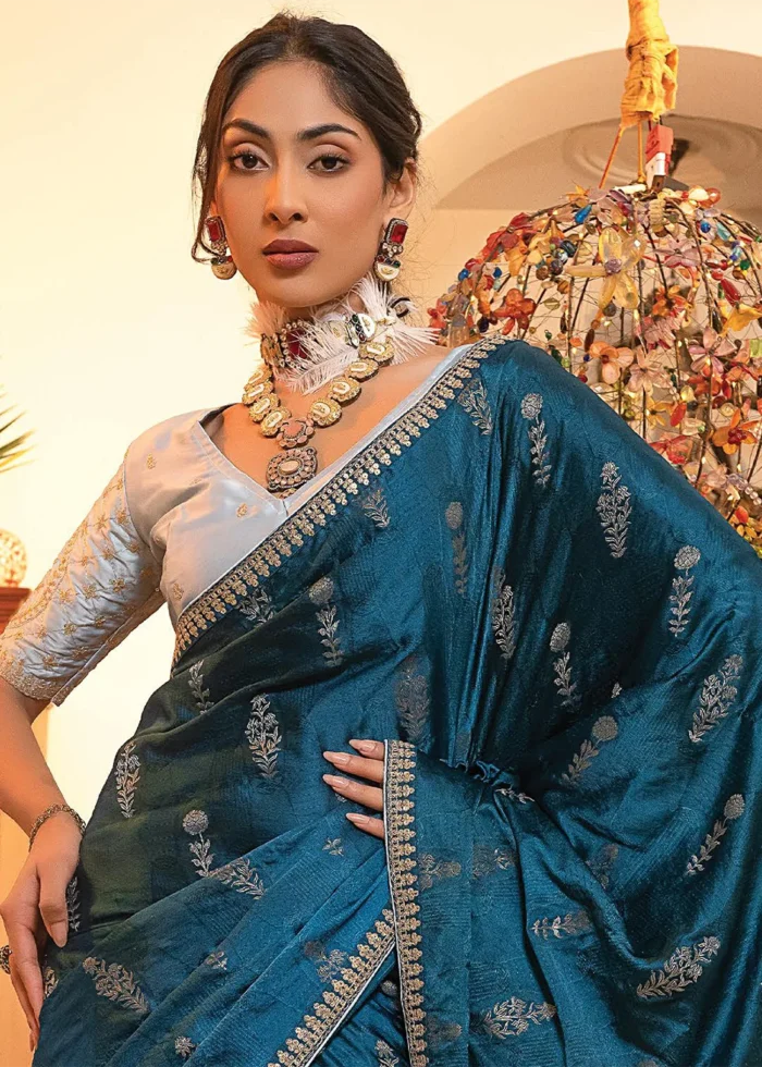 Peacock Blue Satin Silk Saree with Zari Work