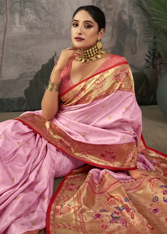 Pink Paithani Silk Saree with Peacock Motifs