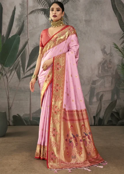 Pink Paithani Silk Saree with Peacock Motifs