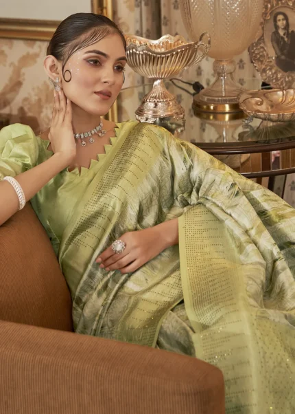 Pista Green Kanjivaram Saree with Stone Work