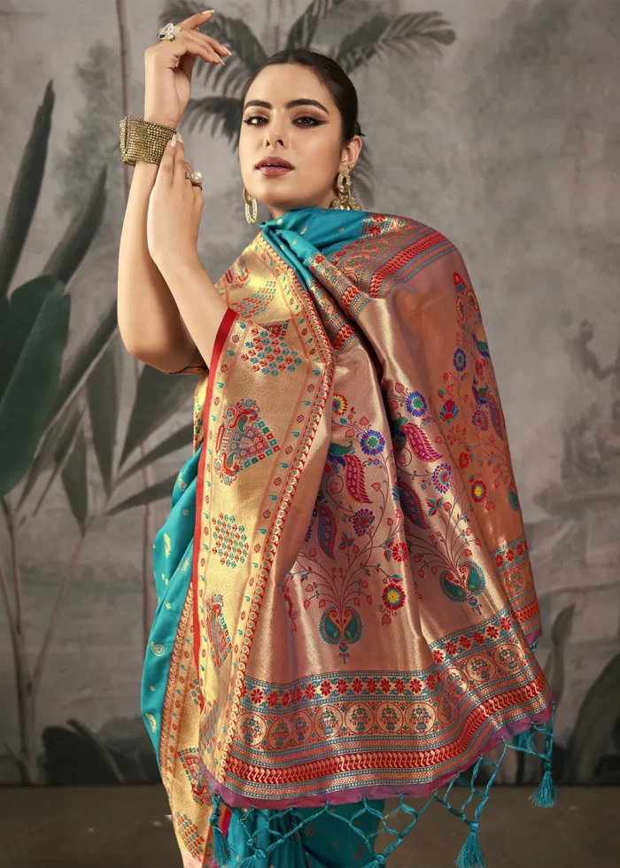 Rama Blue Paithani Silk Saree with Peacock Motifs