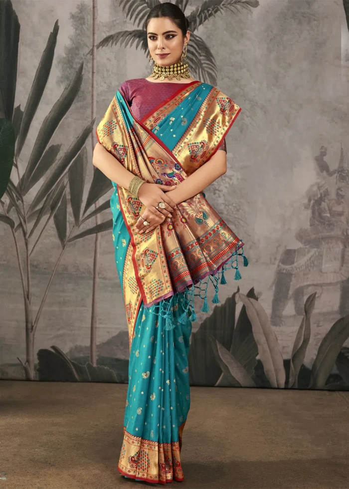 Rama Blue Paithani Silk Saree with Peacock Motifs