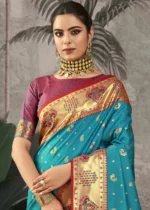 Rama Blue Paithani Silk Saree with Peacock Motifs