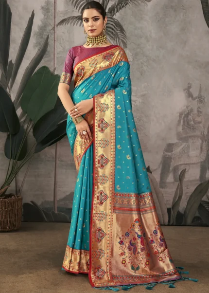 Rama Blue Paithani Silk Saree with Peacock Motifs