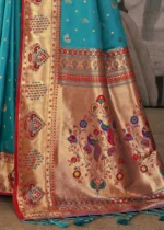 Rama Blue Paithani Silk Saree with Peacock Motifs