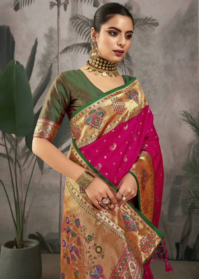 Rani Pink Paithani Silk Saree with Peacock Motifs