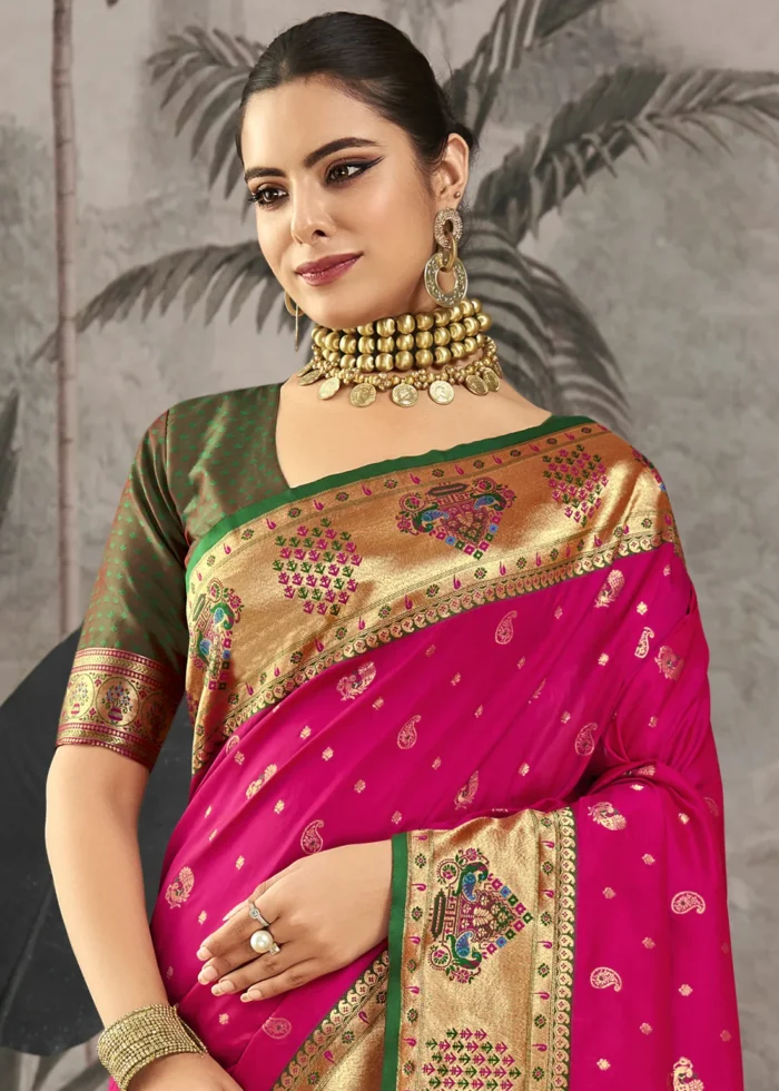 Rani Pink Paithani Silk Saree with Peacock Motifs