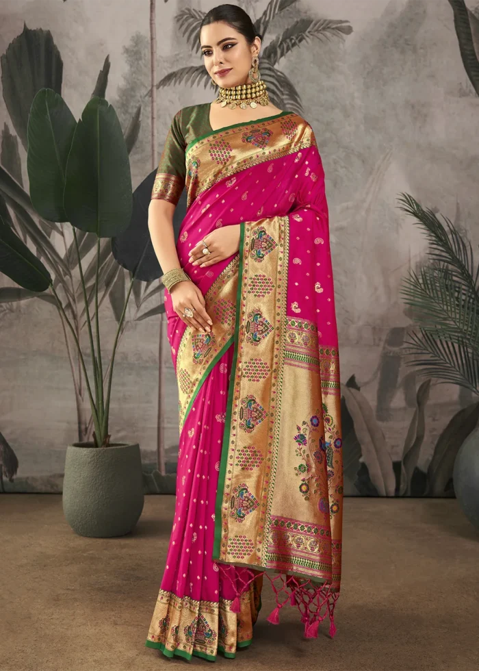 Rani Pink Paithani Silk Saree with Peacock Motifs