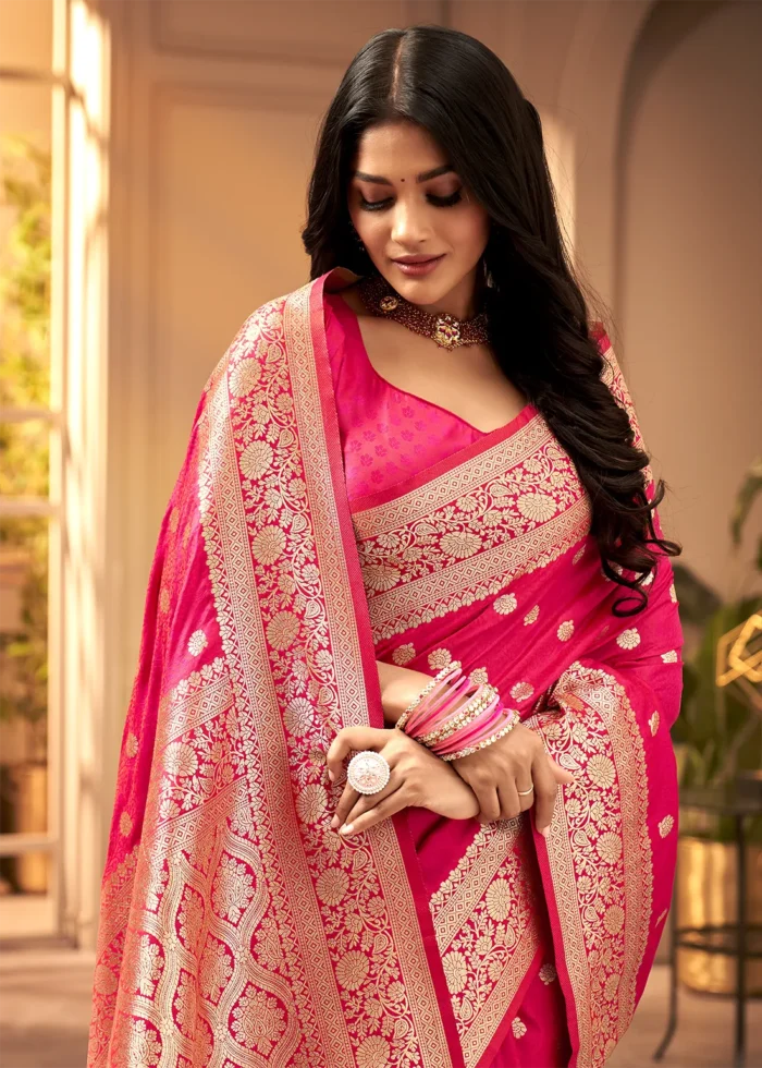 Raspberry Pink Banarasi Satin Silk Saree