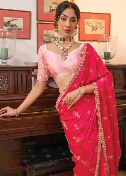 Raspberry Pink Satin Silk Saree with Zari Work