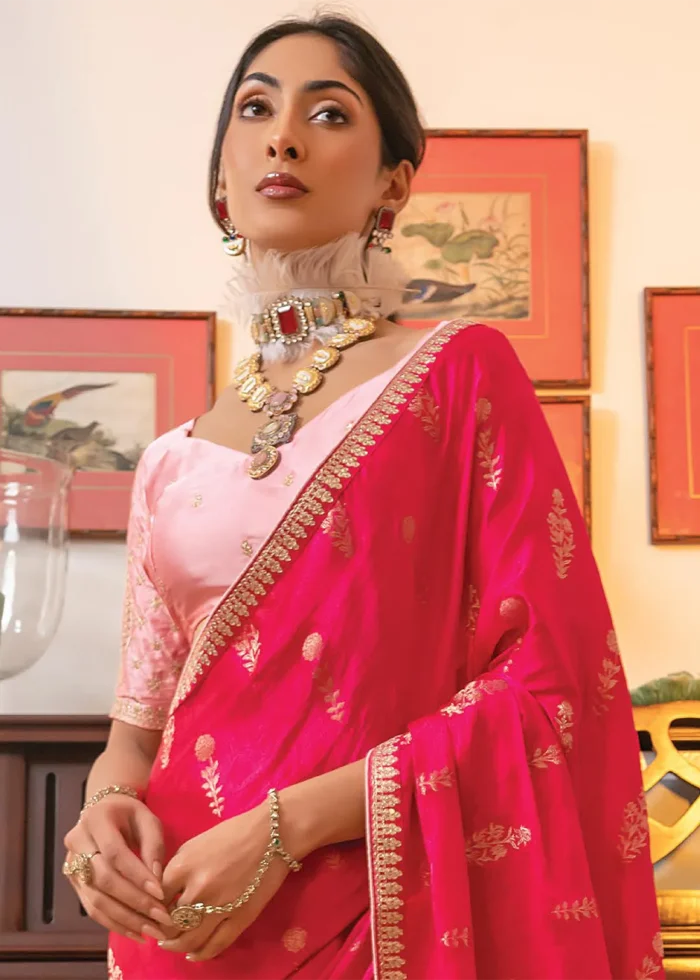 Raspberry Pink Satin Silk Saree with Zari Work