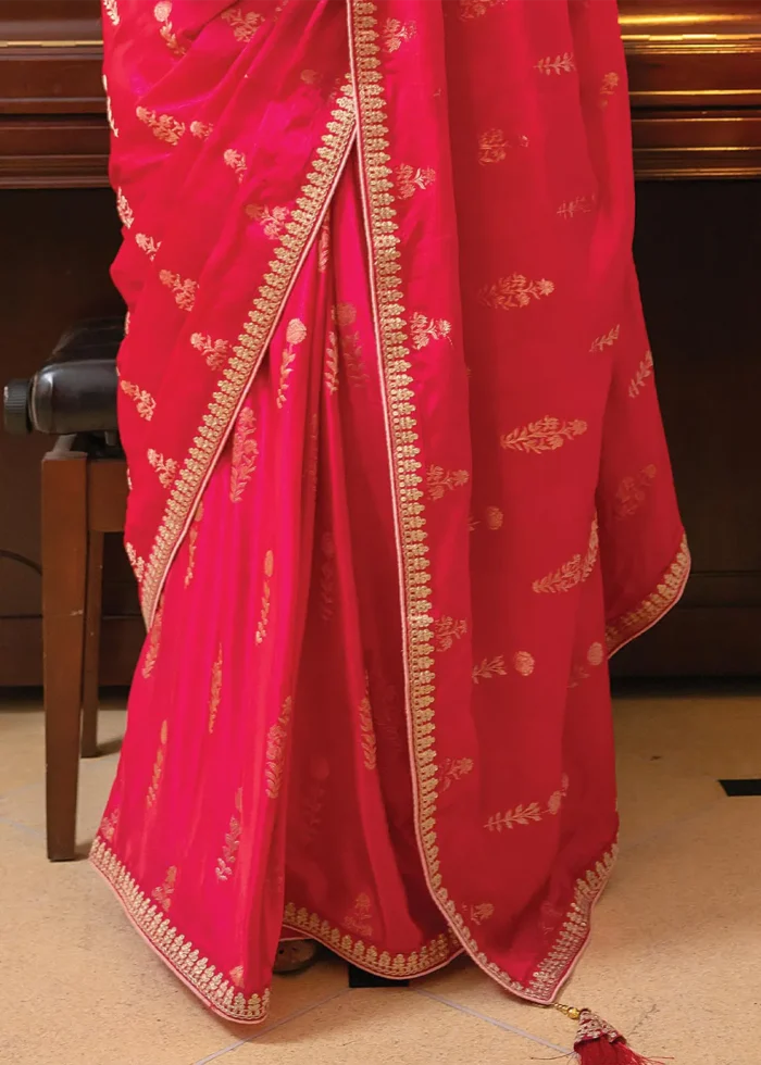 Raspberry Pink Satin Silk Saree with Zari Work