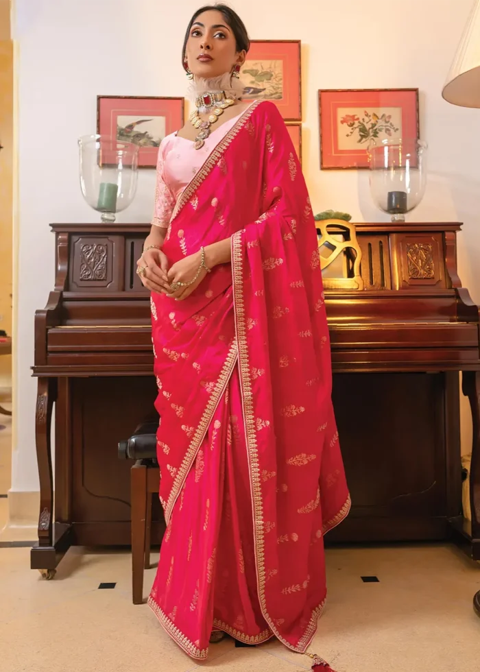 Raspberry Pink Satin Silk Saree with Zari Work