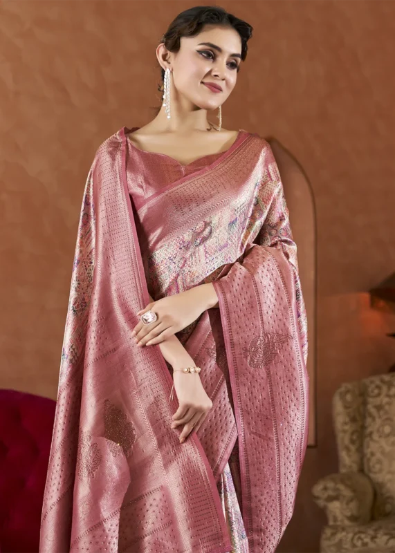 Rose Pink Kanjivaram Saree with Stone Work