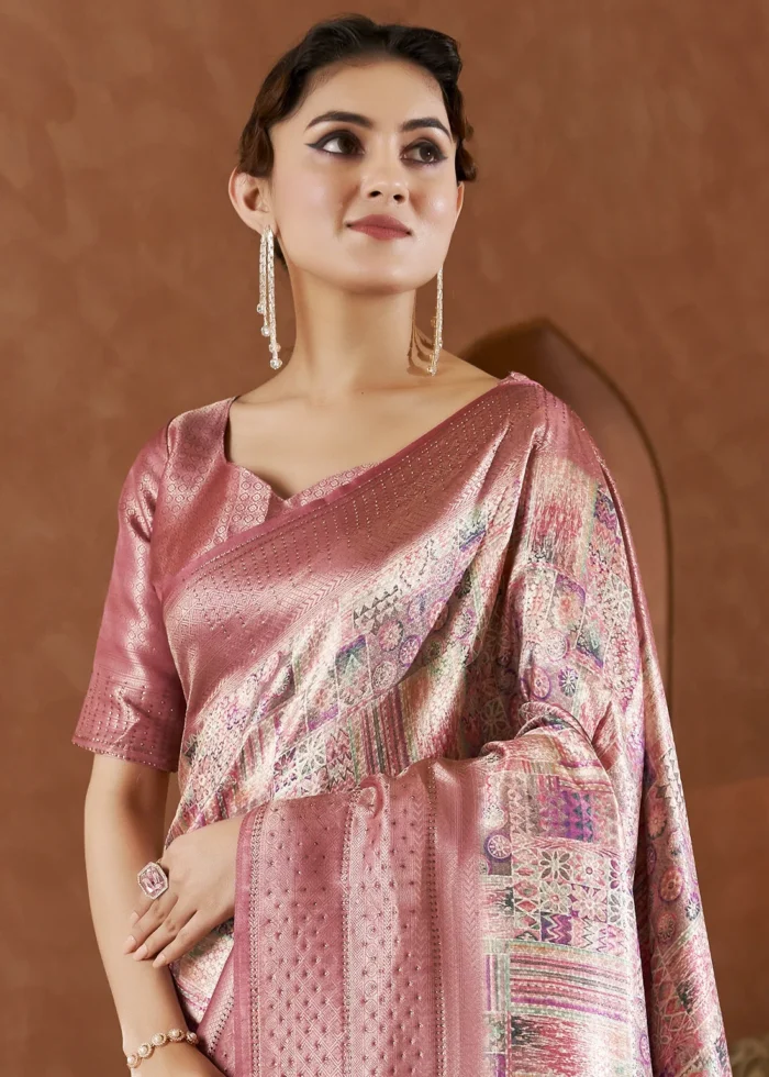 Rose Pink Kanjivaram Saree with Stone Work