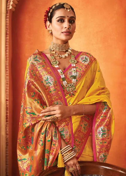 Saffron Yellow Paithani Silk Saree with Stone Work