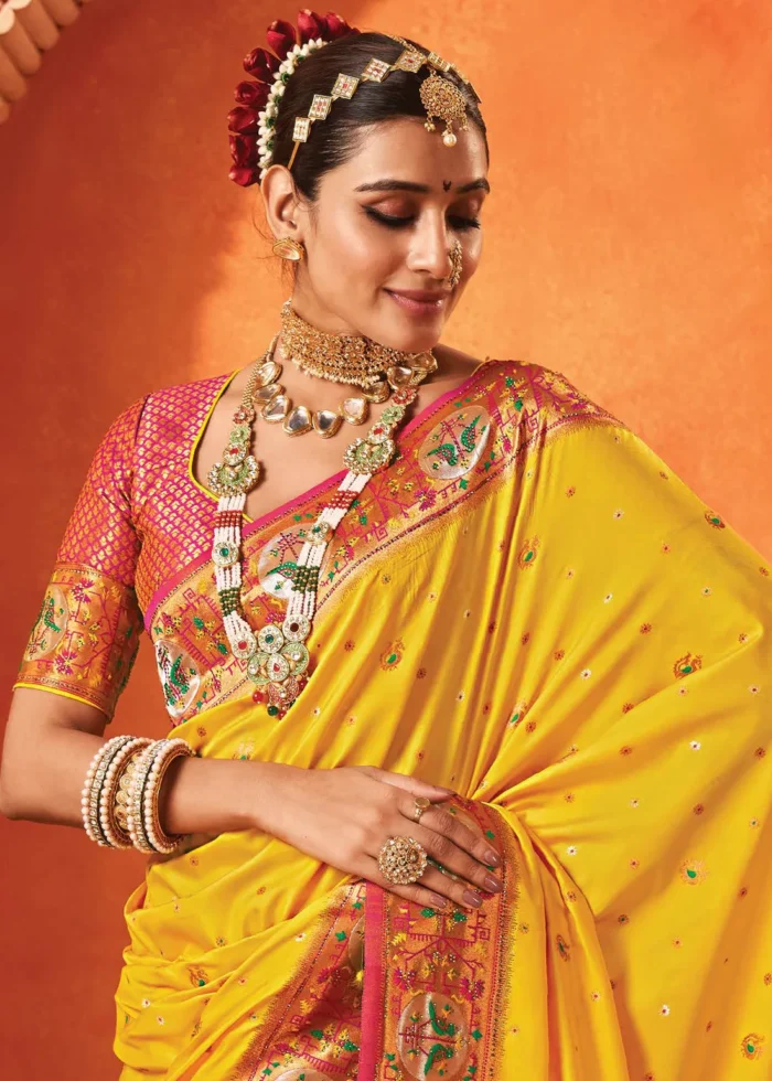 Saffron Yellow Paithani Silk Saree with Stone Work