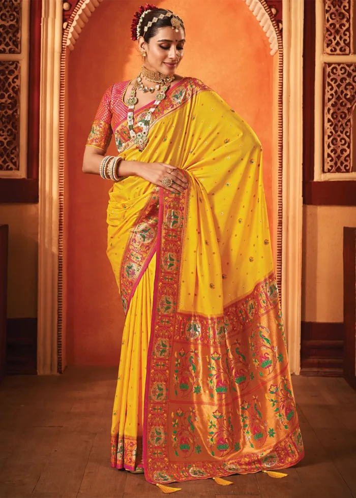 Saffron Yellow Paithani Silk Saree with Stone Work