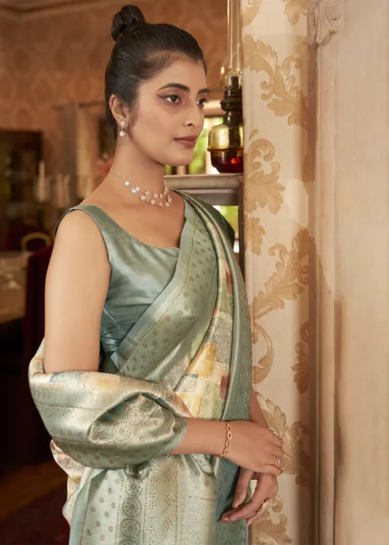 Sage Green Kanjivaram Saree with Stone Work