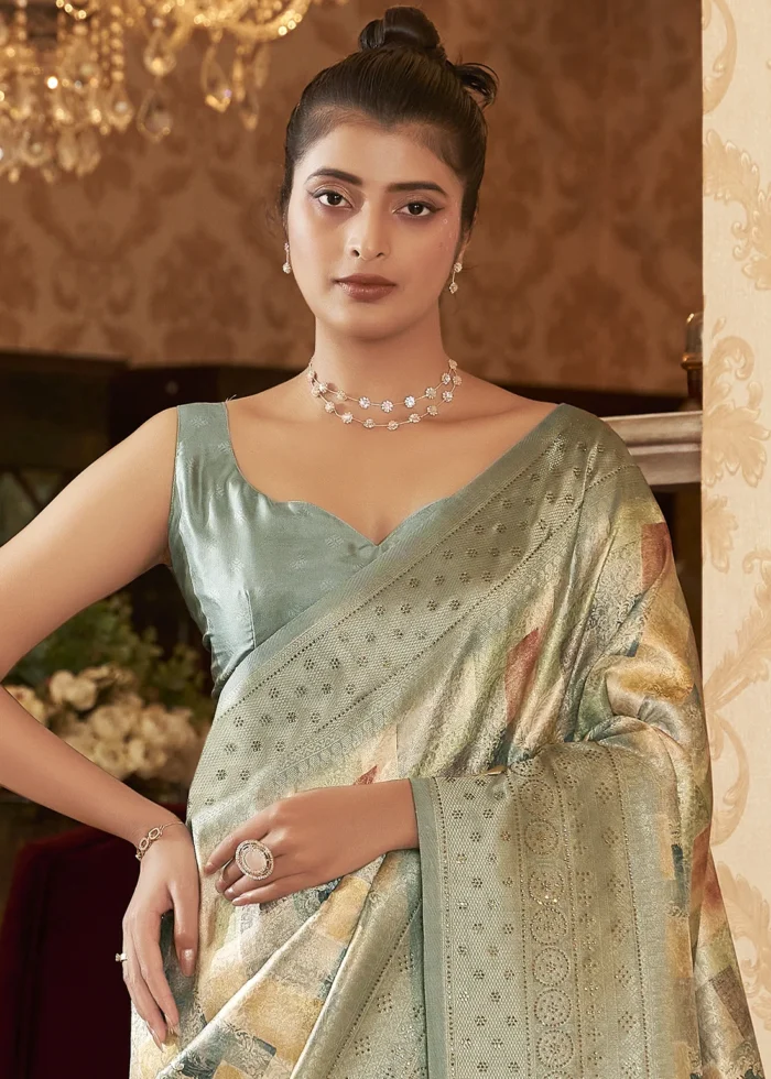 Sage Green Kanjivaram Saree with Stone Work