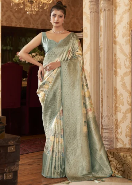 Sage Green Kanjivaram Saree with Stone Work