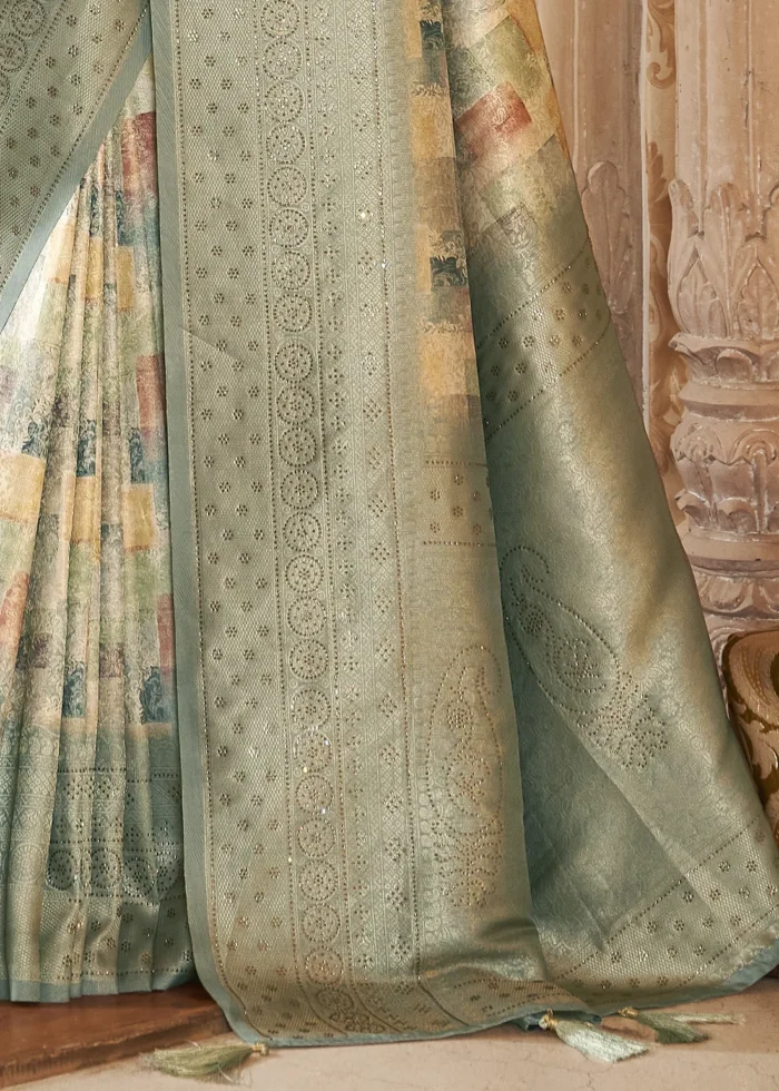 Sage Green Kanjivaram Saree with Stone Work