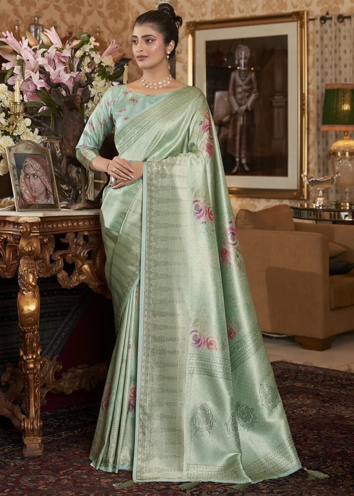 Sea Green Kanjivaram Saree with Stone Work