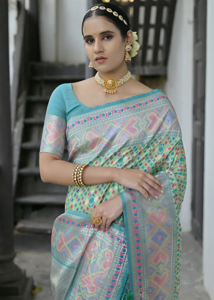 Sea Green Patola Silk Saree with Blue Blouse