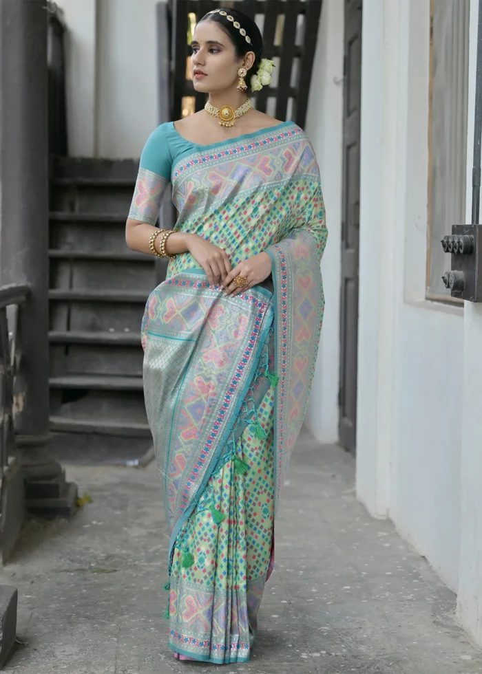 Sea Green Patola Silk Saree with Blue Blouse