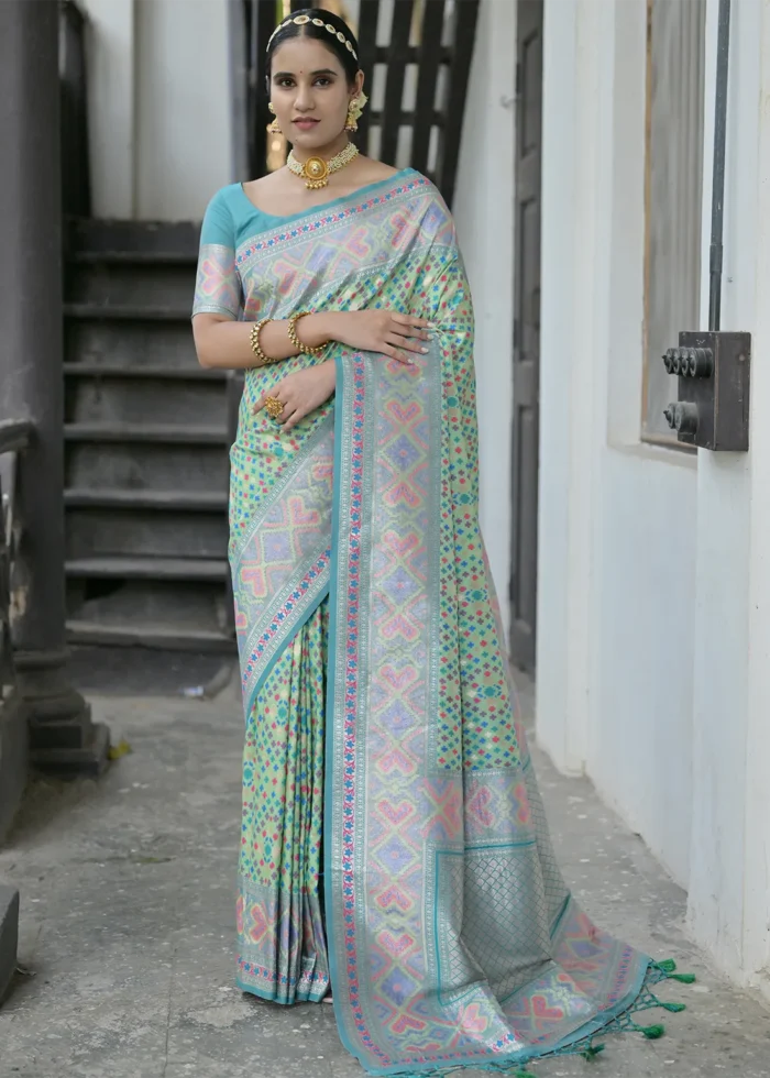 Sea Green Patola Silk Saree with Blue Blouse