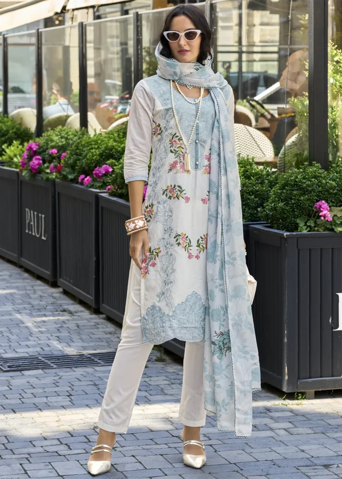 Sky Blue Embroidered Cotton Suit