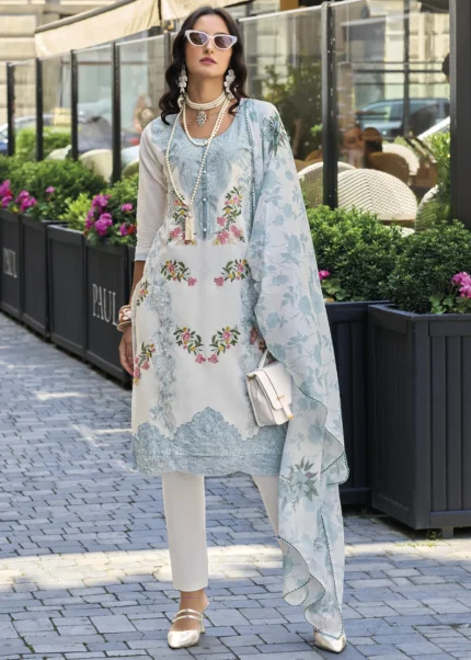 Sky Blue Embroidered Cotton Suit