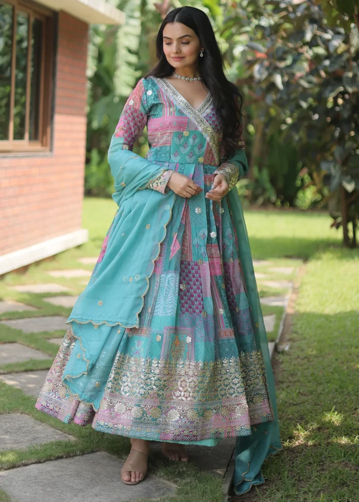 Sky Blue Silk Anarkali Gown