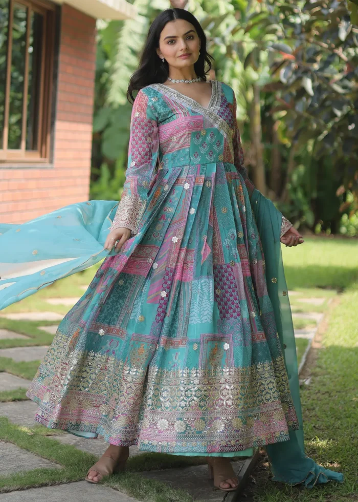 Sky Blue Silk Anarkali Gown