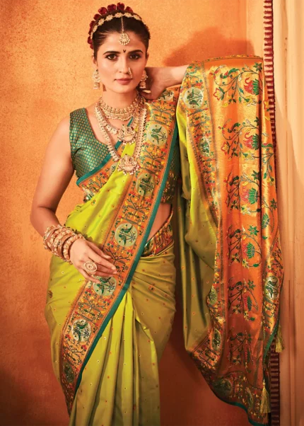 Slime Green Paithani Silk Saree with Stone Work