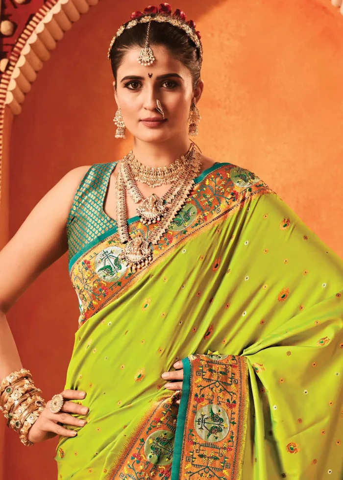 Slime Green Paithani Silk Saree with Stone Work