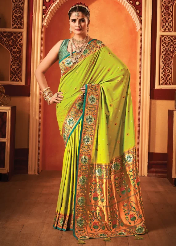 Slime Green Paithani Silk Saree with Stone Work