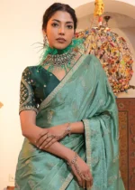 Teal Satin Silk Saree with Zari Work