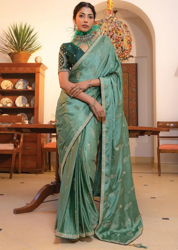 Teal Satin Silk Saree with Zari Work