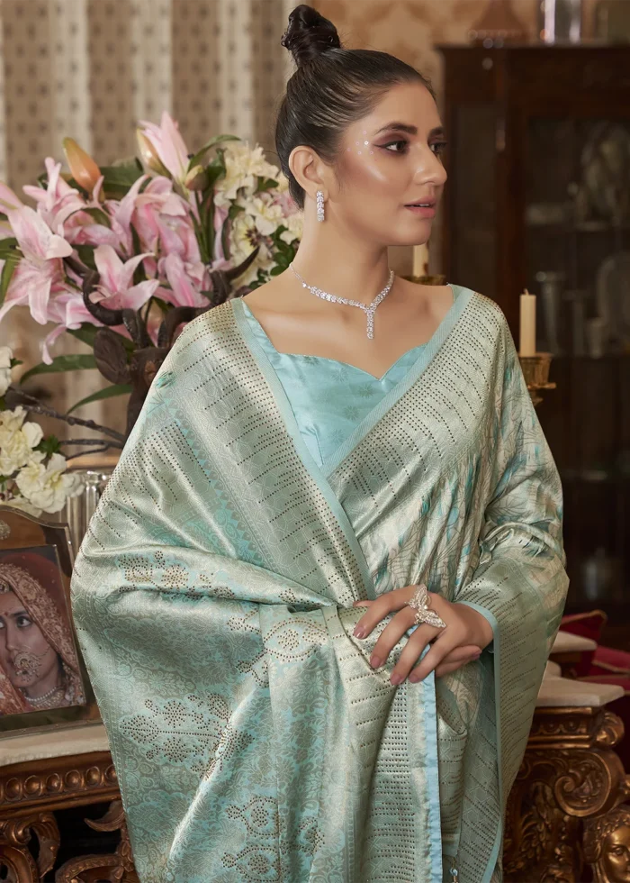 Turquoise Kanjivaram Saree with Stone Work