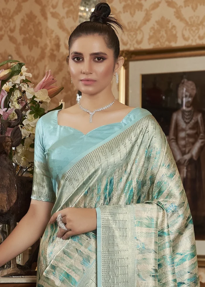 Turquoise Kanjivaram Saree with Stone Work