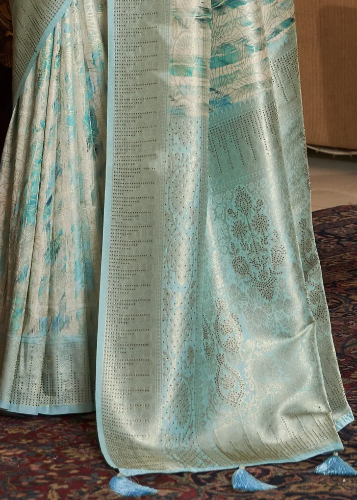 Turquoise Kanjivaram Saree with Stone Work